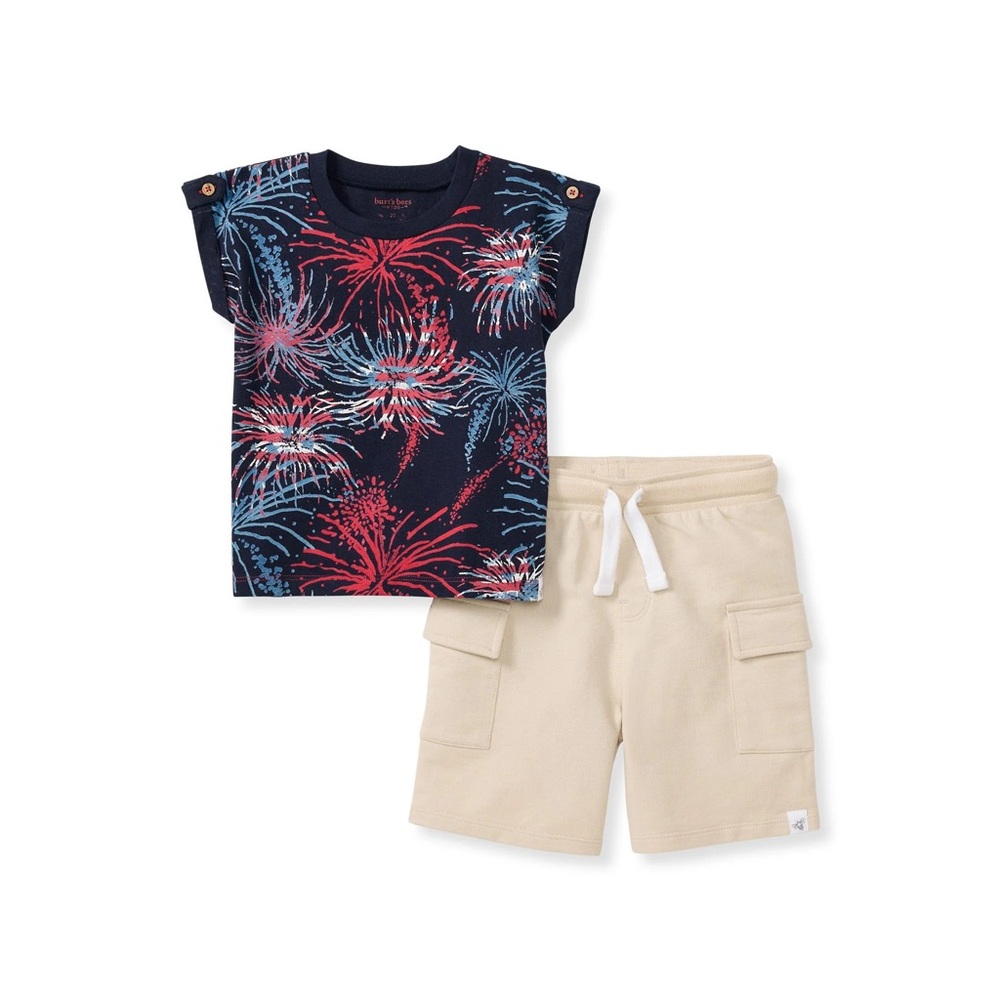 Burt's Bees Baby Navy and Red Fireworks Tee with Tan Shorts